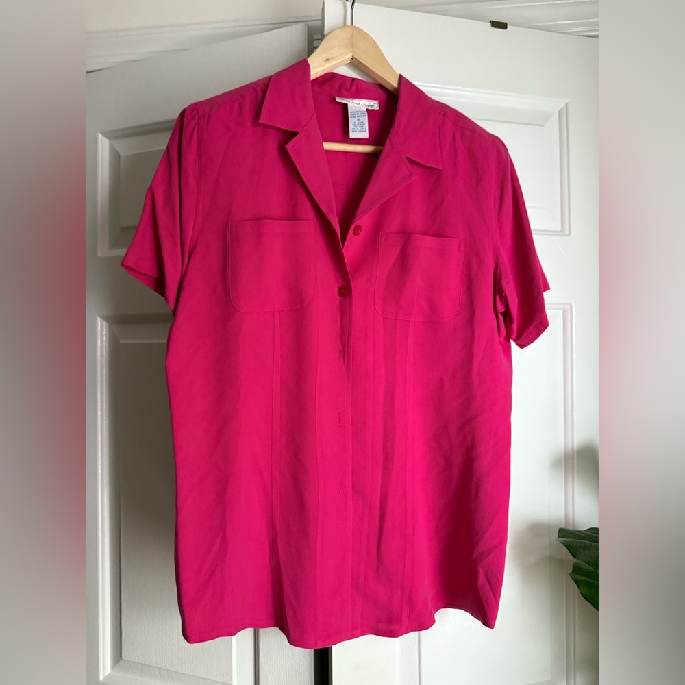 Vintage Anna and Frank Hot Pink/Fuscia Silk Button Down Sz M Pinkmas Retro Prep - Picture 2 of 8